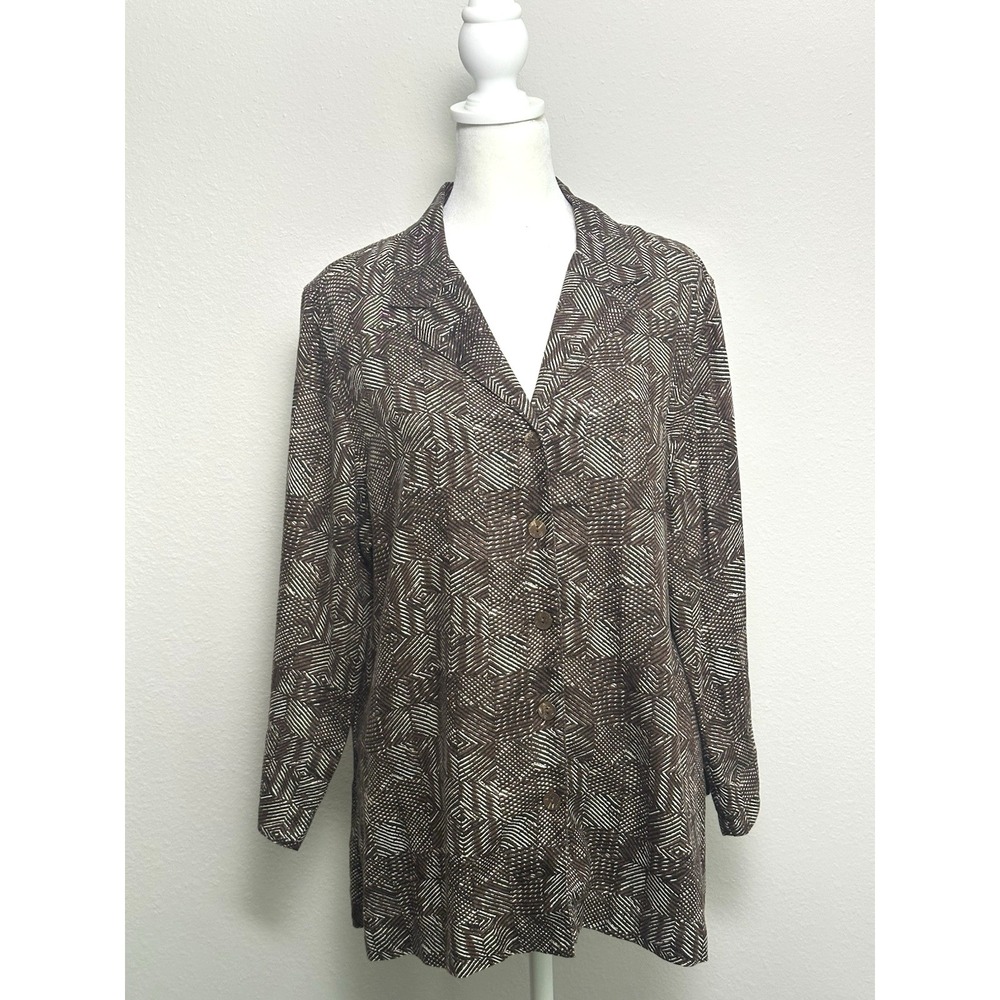 Jones New York‎ Country 100% Linen Oversize Blouse Brown White Long Sleeve (L)
